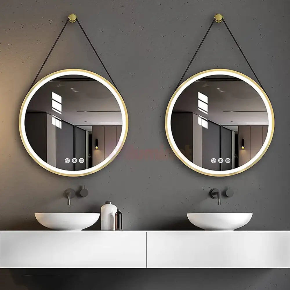 Oglinda Led Baie 60Cm Fog Gold Piele + Aluminiu Senzor Miscare Temperatura Ceas Si Dezaburire Mirror