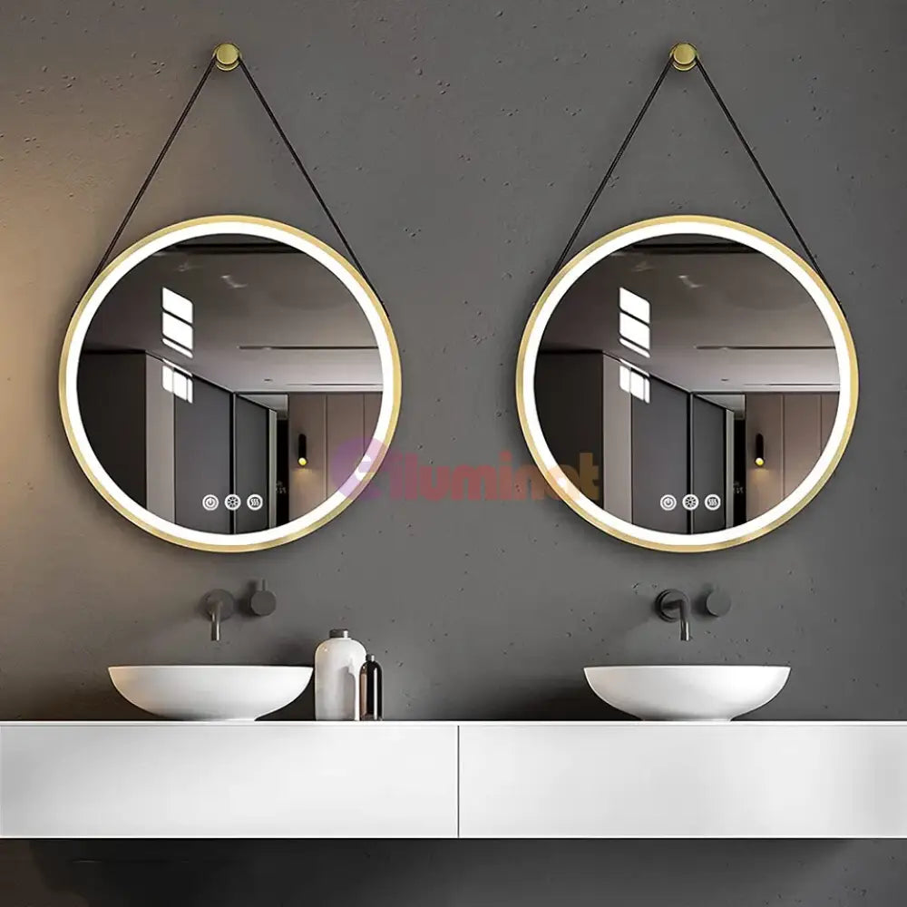 Oglinda Led Baie 60Cm Fog Gold Piele + Aluminiu Senzor Miscare Temperatura Ceas Si Dezaburire Mirror
