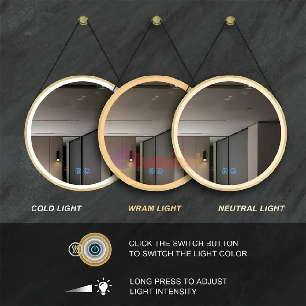 Oglinda Led Baie 60Cm Fog Gold Piele + Aluminiu Senzor Miscare Temperatura Ceas Si Dezaburire Mirror