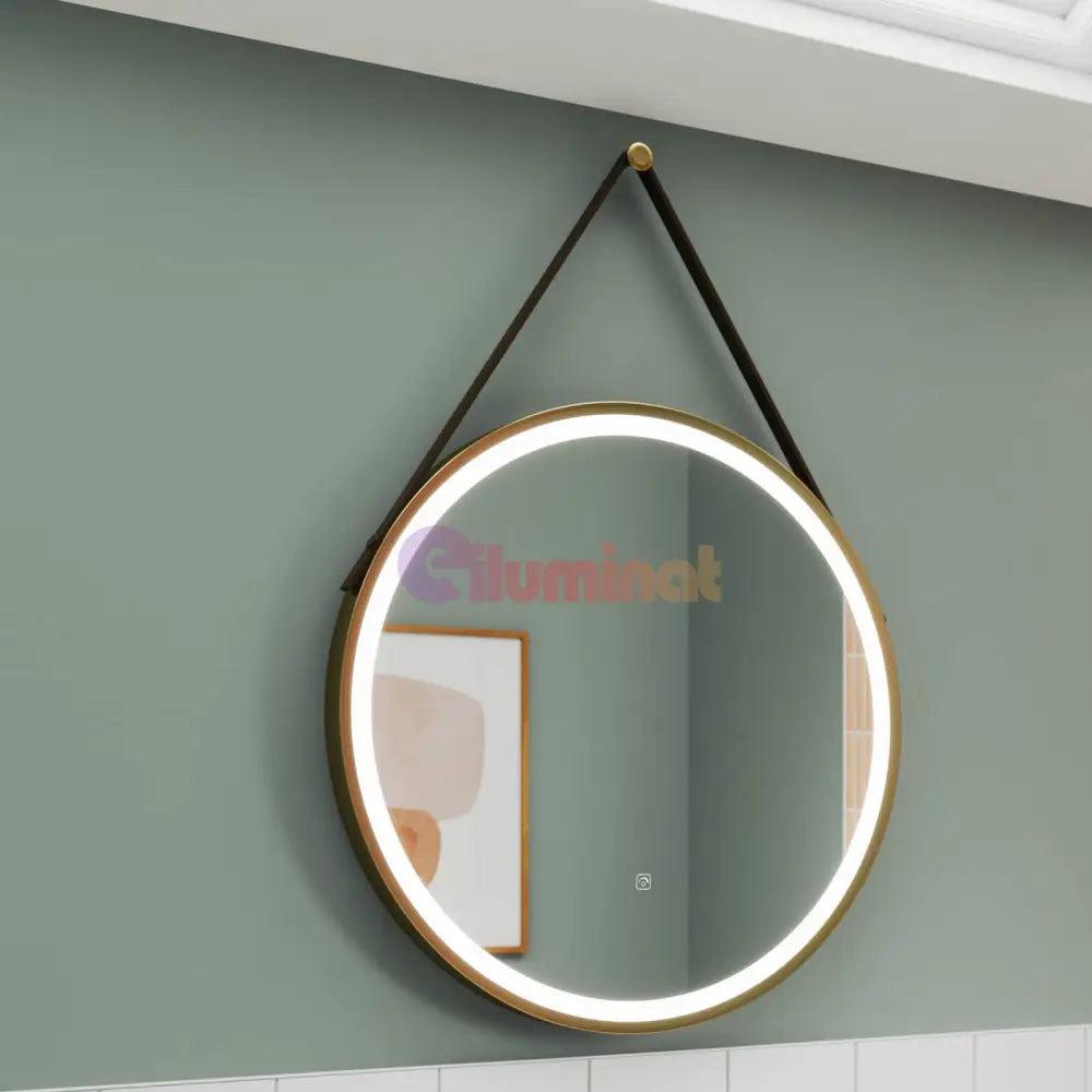 Oglinda Led Baie 60Cm Fog Gold Piele + Aluminiu Senzor Miscare Temperatura Ceas Si Dezaburire Mirror