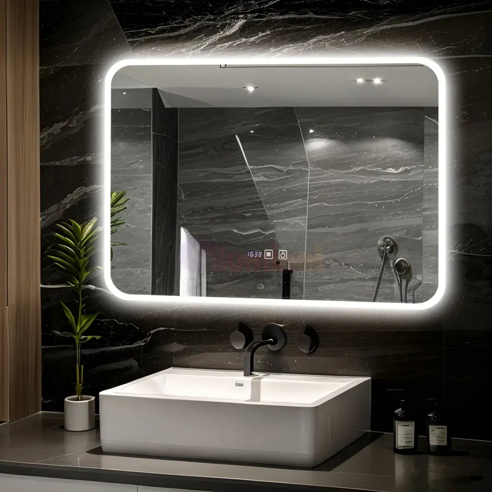 Oglinda LED Dreptunghiulara cu Ceas 80x60cm Functie Dezaburire si Touch LED MIRROR