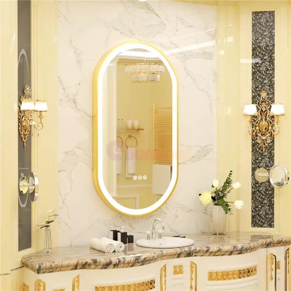 Oglinda LED Ovala 50x80cm Rama Aurie Senzor Dezaburire 3 Lumini Temperatura si Ceas W25 AURIE / 50X80CM LED MIRROR
