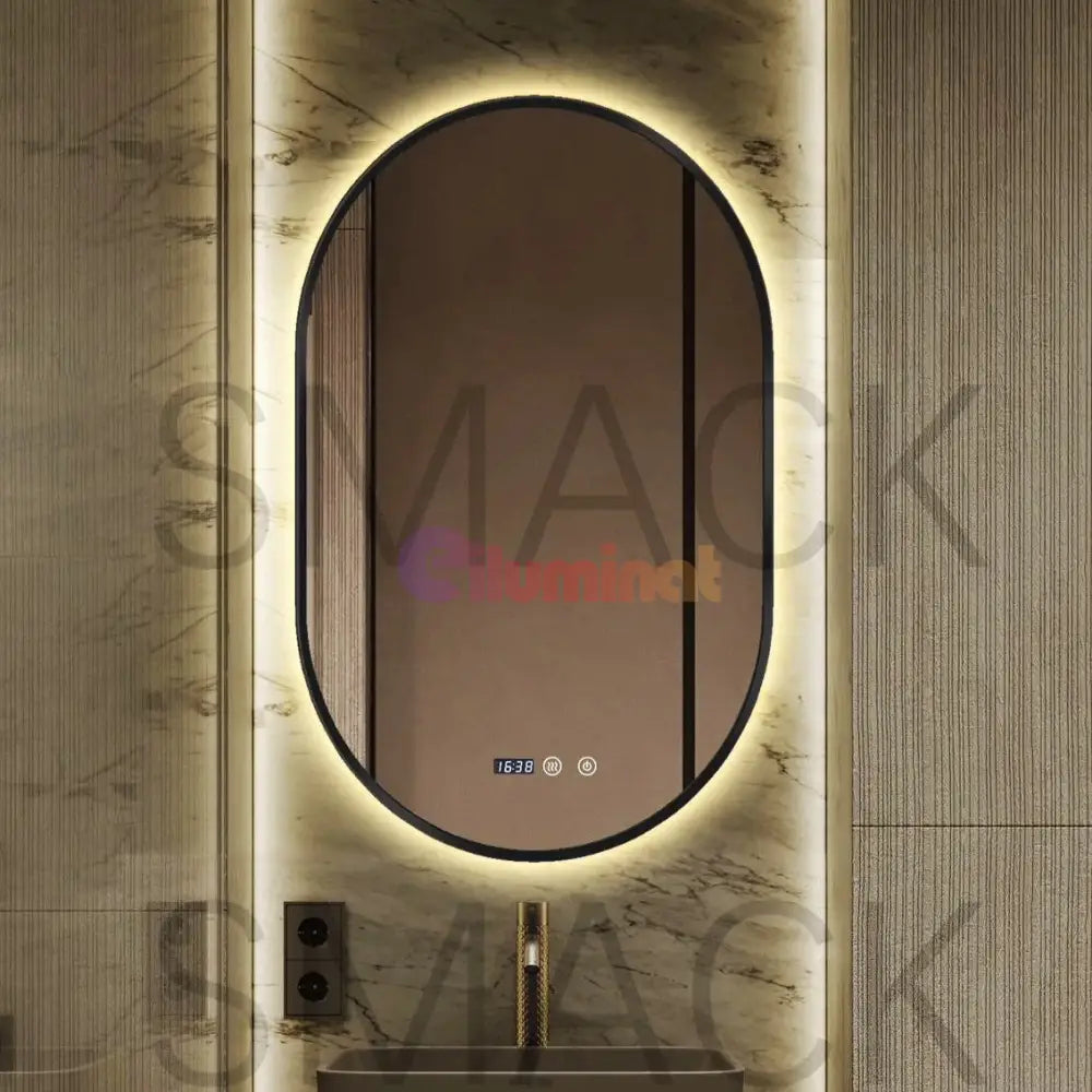 Oglinda LED Ovala 50x80cm Rama Neagra 3 Lumini Ceas Dezaburire si Touch J180 NEAGRA / 50X80CM LED MIRROR