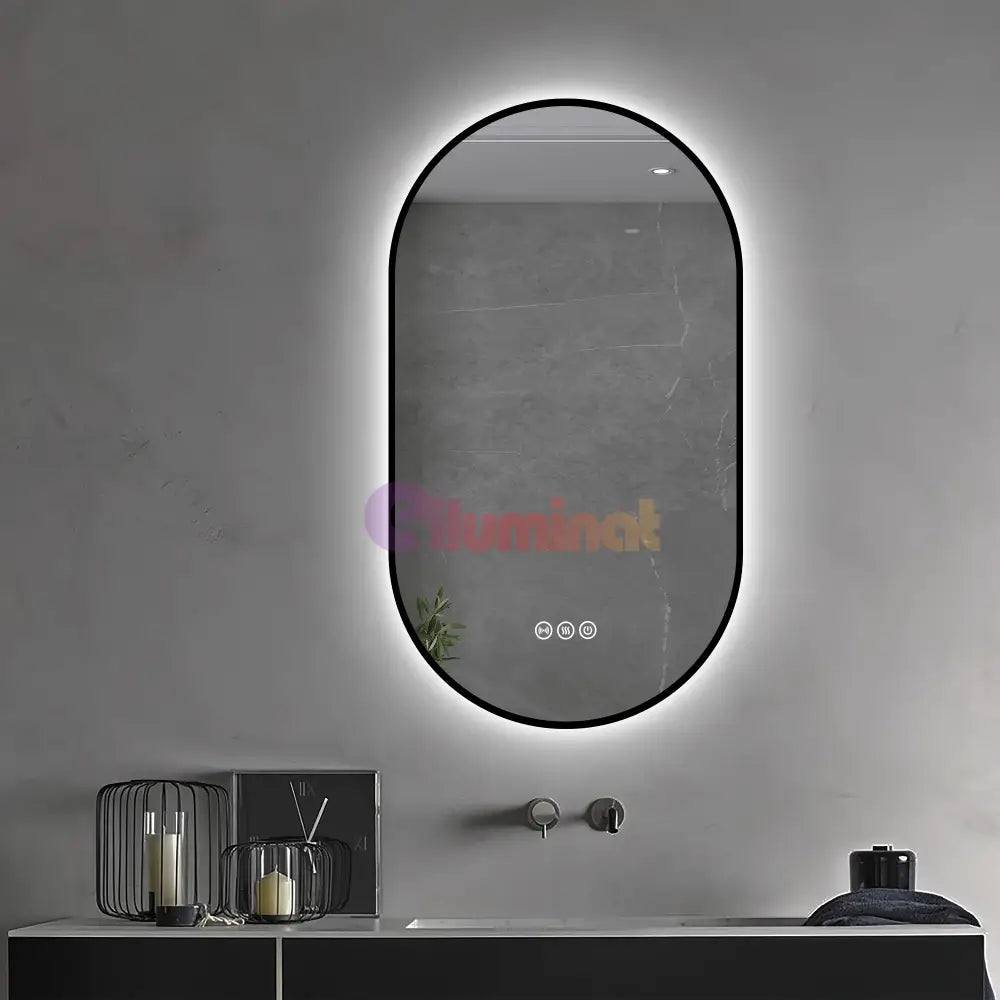 Oglinda LED Ovala 50x80cm Rama Neagra 3 Lumini Ceas Dezaburire si Touch J180 NEAGRA / 50X80CM LED MIRROR