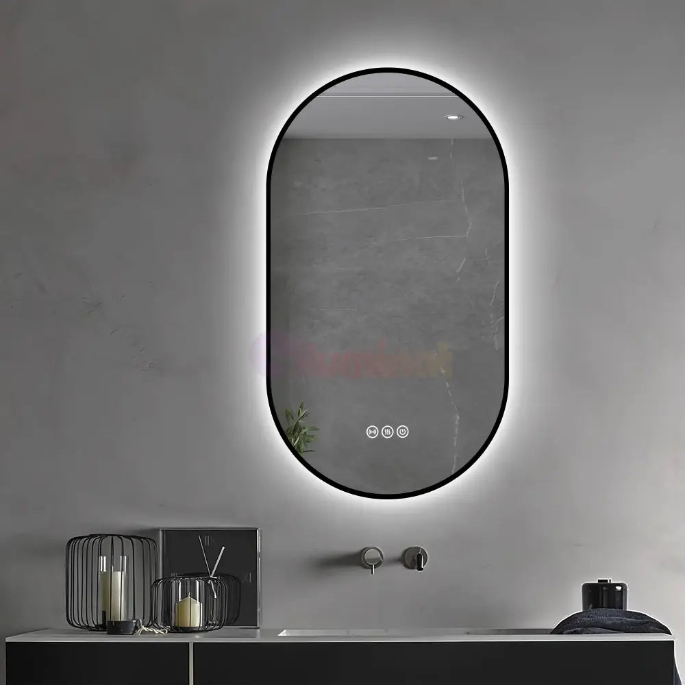 Oglinda LED Ovala 50x80cm Rama Neagra 3 Lumini Ceas Dezaburire si Touch J180 NEAGRA / 50X80CM LED MIRROR