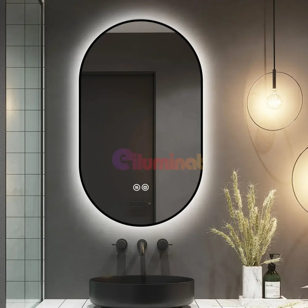 Oglinda LED Ovala 50x80cm Rama Neagra 3 Lumini Ceas Dezaburire si Touch J180 NEAGRA / 50X80CM LED MIRROR