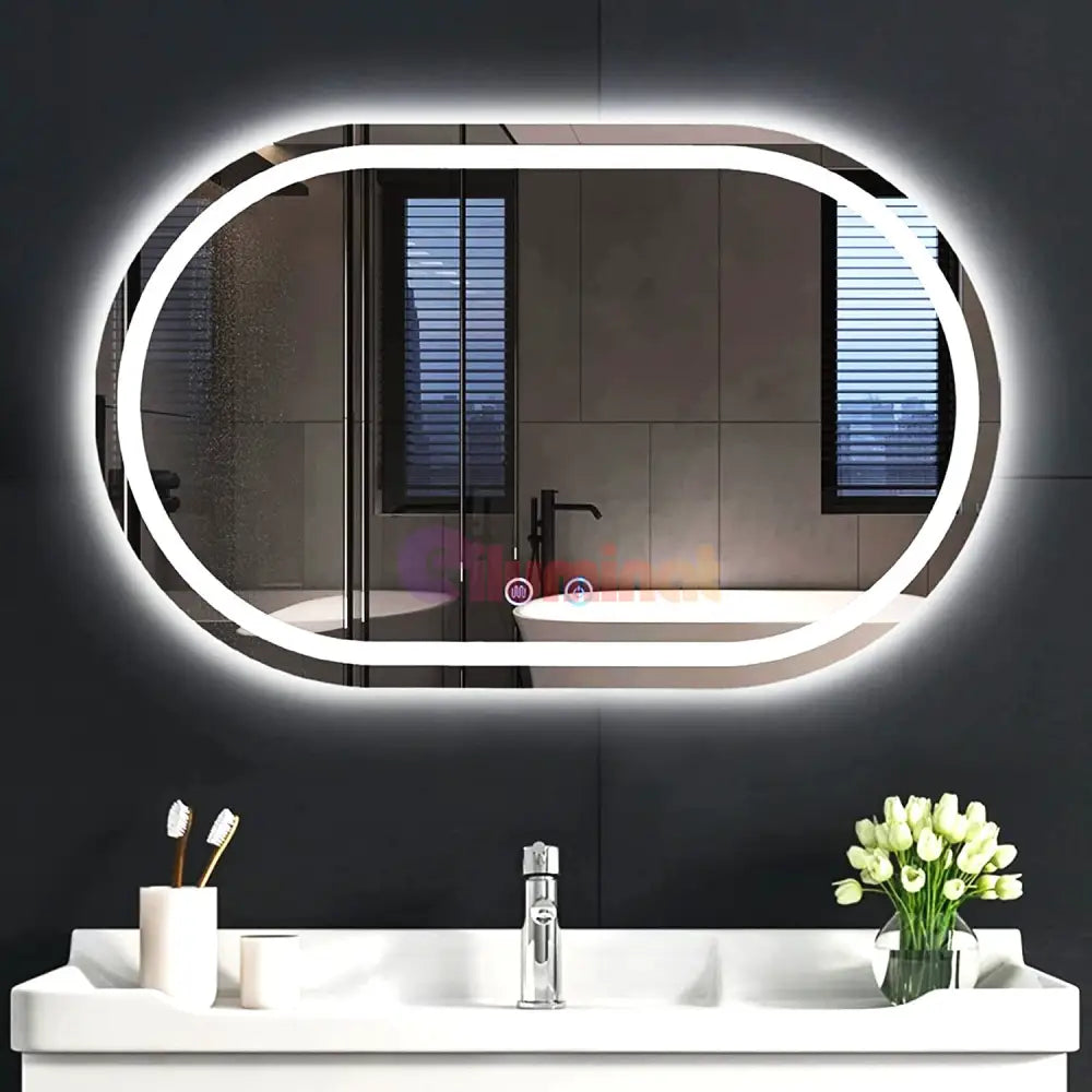 Oglinda LED Ovala 80x60cm Senzor Dezaburire 3 Lumini Temperatura si Ceas W16 FRAMELESS / 80X60CM LED MIRROR