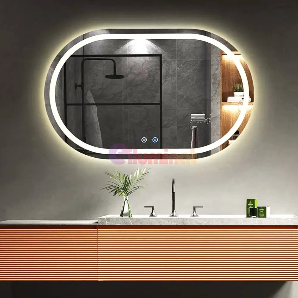 Oglinda LED Ovala 80x60cm Senzor Dezaburire 3 Lumini Temperatura si Ceas W16 FRAMELESS / 80X60CM LED MIRROR