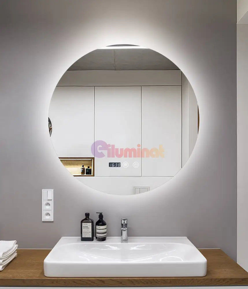 Oglinda Led Rotunda 70Cm Functie Dezaburire Touch Doua Lumini Si Ceas J170 Mirror