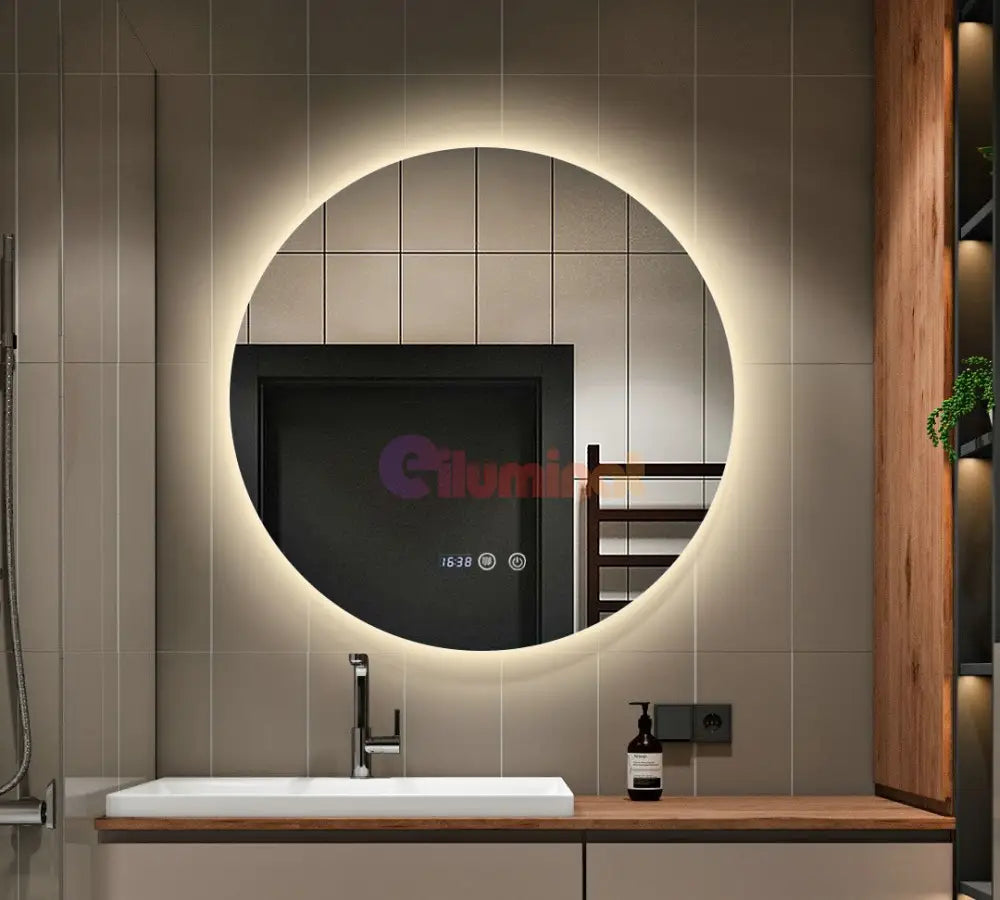 Oglinda Led Rotunda 70Cm Functie Dezaburire Touch Doua Lumini Si Ceas J170 Mirror