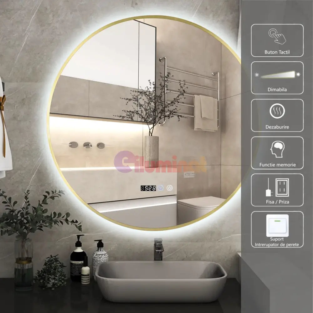 Oglinda Led Rotunda 70Cm Rama Aurie Ceas Temperatura Touch Si 3 Lumini Od010T/Gd Mirror