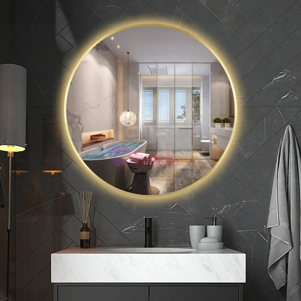 Oglinda Led Rotunda 70Cm Rama Aurie Ceas Temperatura Touch Si 3 Lumini Od010T/Gd Mirror