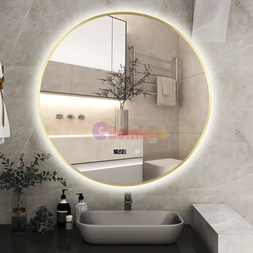 Oglinda Led Rotunda 70Cm Rama Aurie Ceas Temperatura Touch Si 3 Lumini Od010T/Gd Mirror