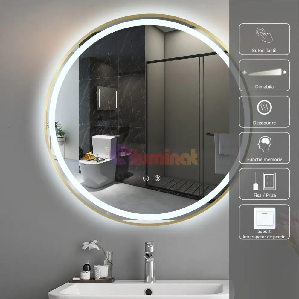 Oglinda Led Rotunda 70Cm Rama Aurie Touch Si 3 Lumini Od016/Gd Mirror