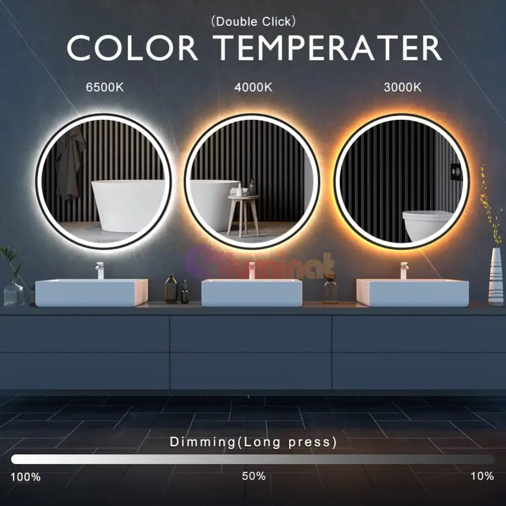 Oglinda Led Rotunda 70Cm Rama Neagra Touch Doua Lumini J110