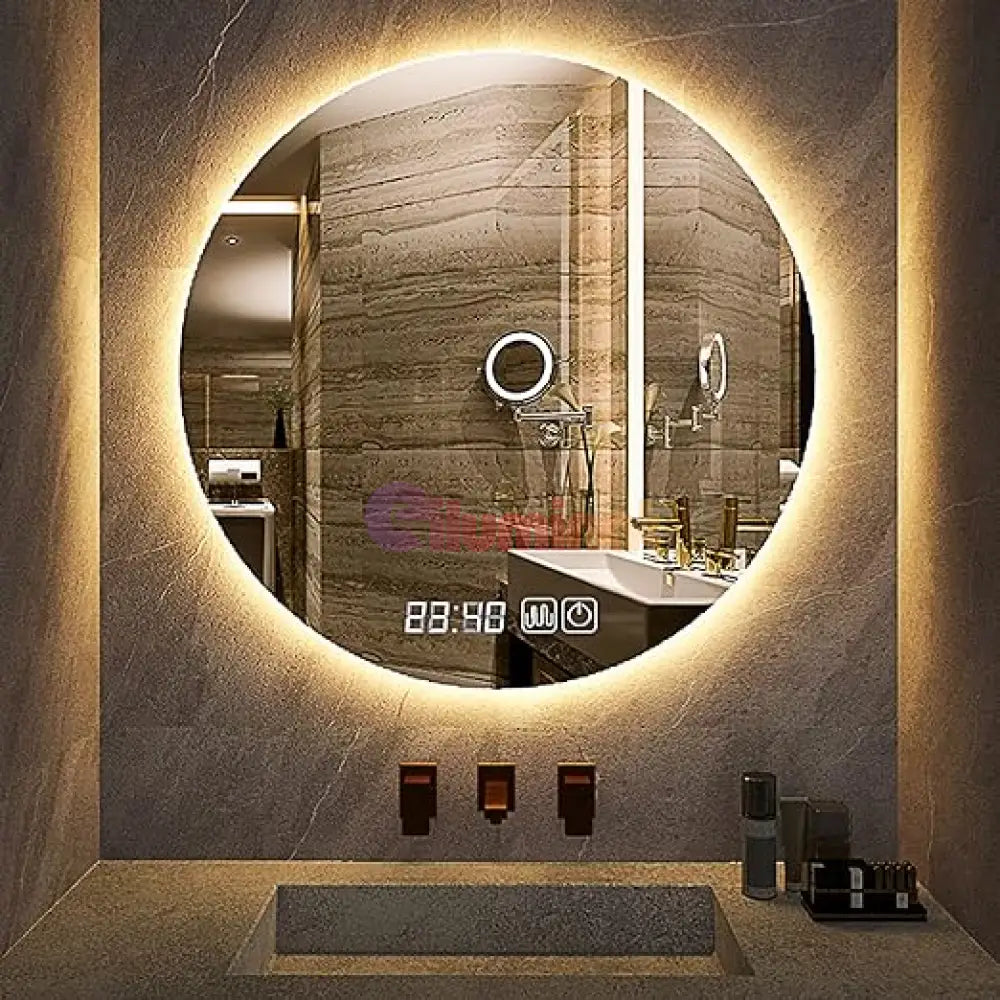 Oglinda Led Rotunda 90Cm Functie Dezaburire Touch Doua Lumini Si Ceas J170 Mirror