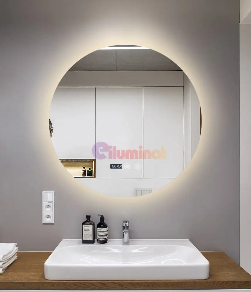 Oglinda Led Rotunda 90Cm Functie Dezaburire Touch Doua Lumini Si Ceas J170 Mirror