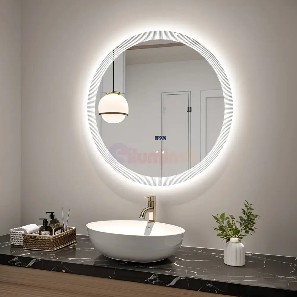 Oglinda LED Rotunda cu Ceas Ø70cm Functie Dezaburire si Touch LED MIRROR