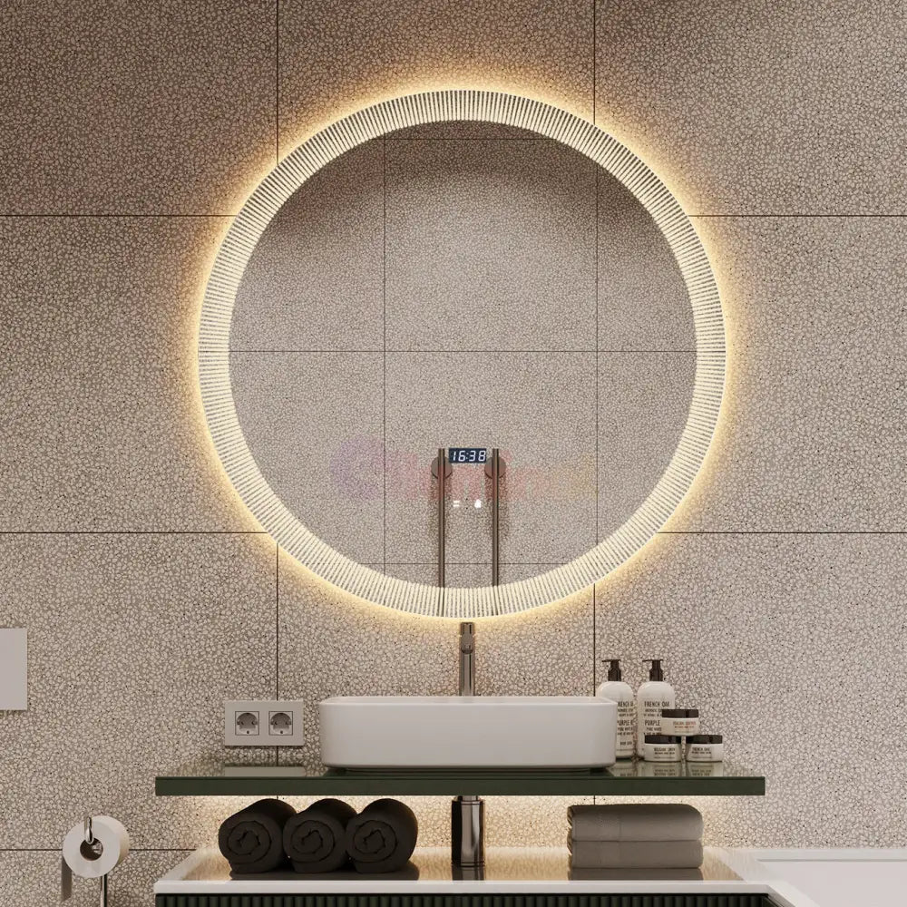 Oglinda LED Rotunda cu Ceas Ø70cm Functie Dezaburire si Touch LED MIRROR
