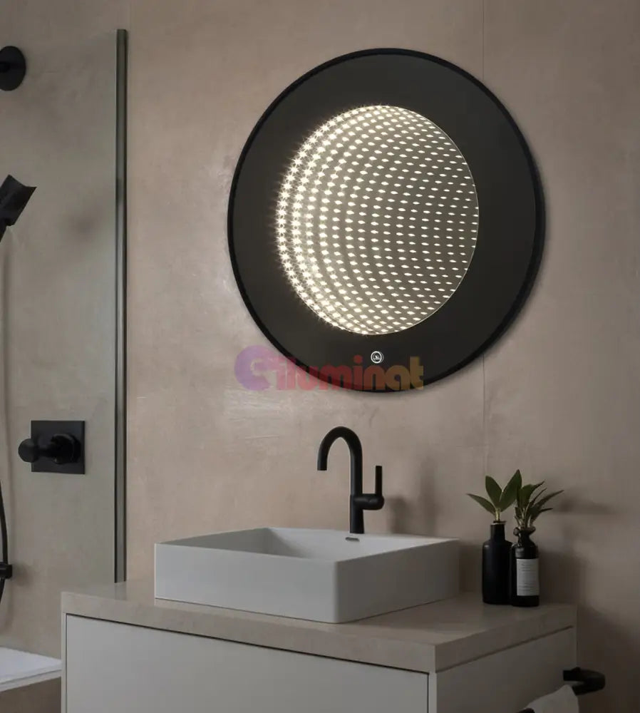 Oglinda LED Rotunda cu Rama Neagra 3D Infinity Mirror 3 Lumini si Touch J183F LED MIRROR
