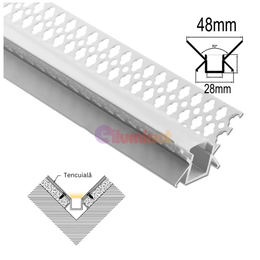 Profil LED Aluminiu 2 Metri Incastrat Sub Tencuiala de Colt Interior LED Strips