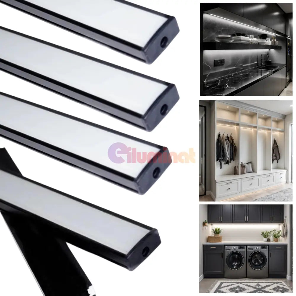 Profil LED Aplicat 2 METRI Negru cu Dispersor Alb LED Strips