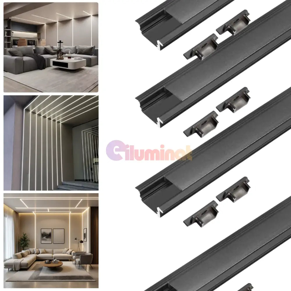 Profil LED Incastrat Negru 2 METRI cu Dispersor Negru LED Strips