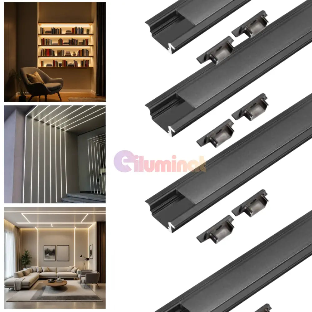 Profil LED Incastrat Negru 2 METRI cu Dispersor Negru LED Strips