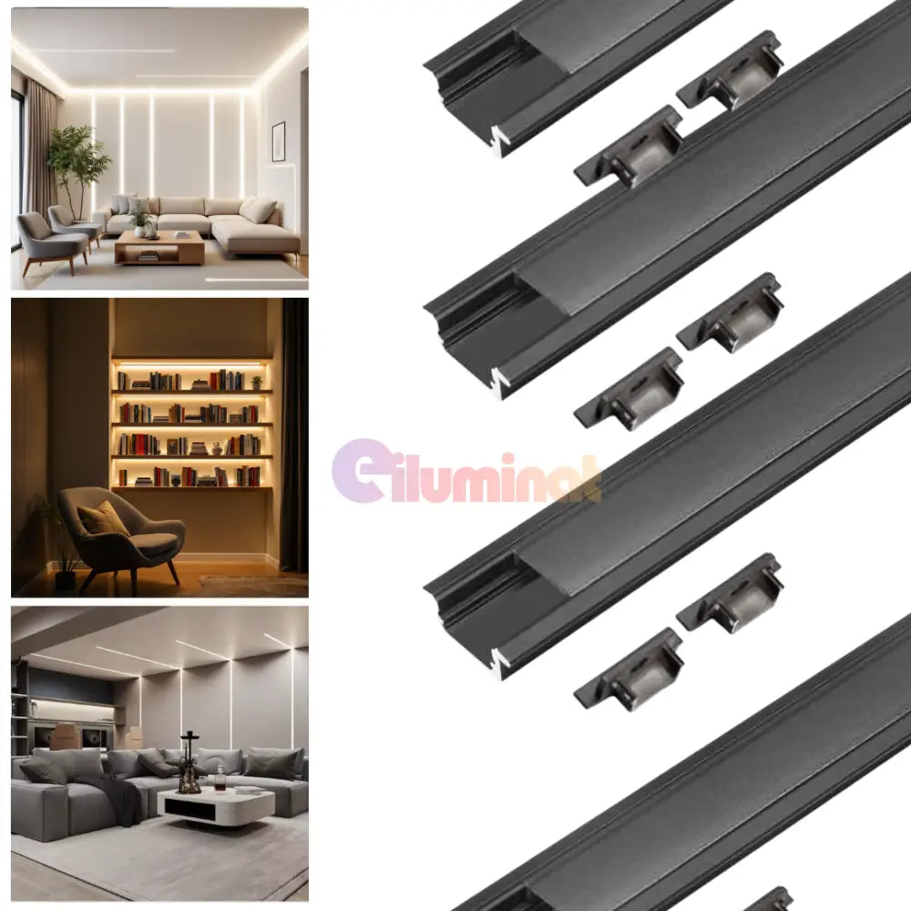 Profil LED Incastrat Negru 2 METRI cu Dispersor Negru LED Strips