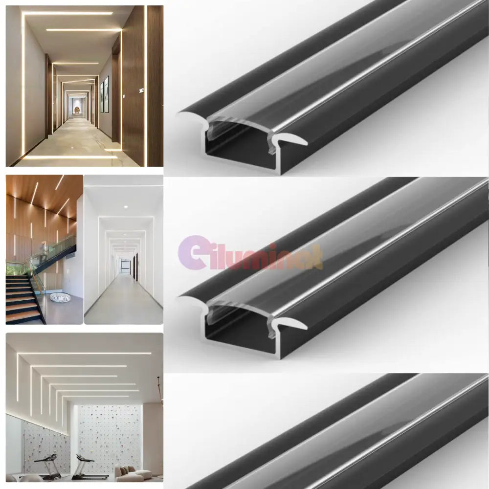 Profil LED 2 METRI Incastrat Negru Plat XL cu Dispersor Negru LED Strips