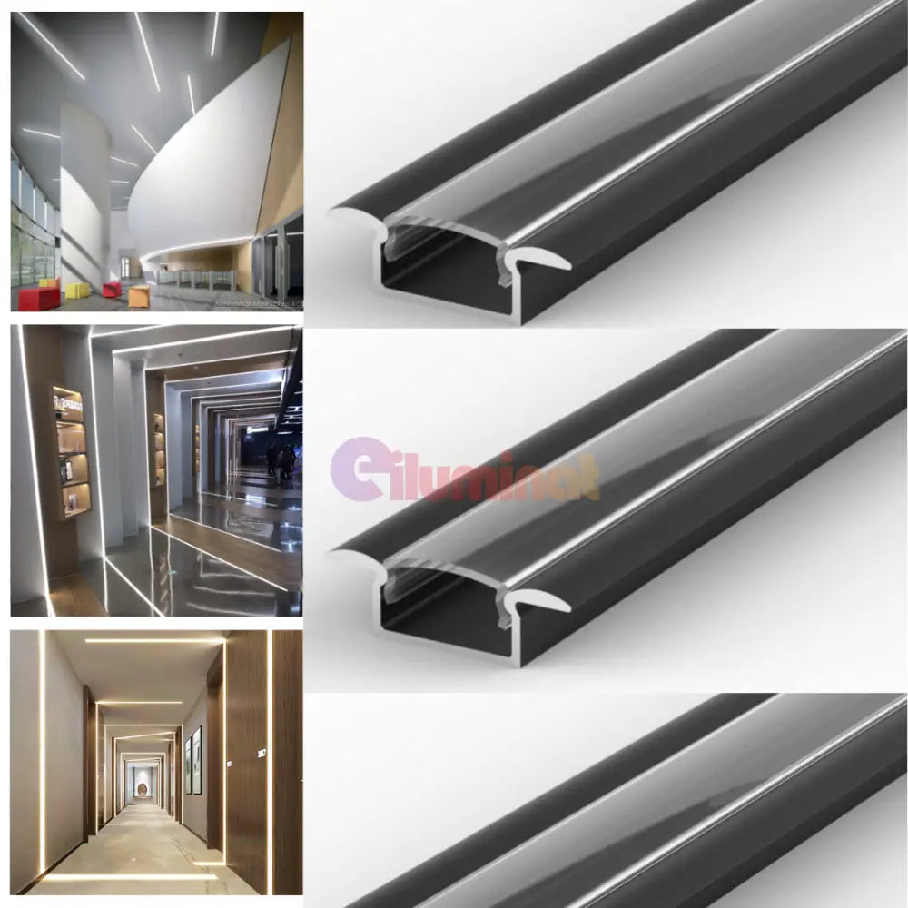Profil LED 2 METRI Incastrat Negru Plat XL cu Dispersor Negru LED Strips