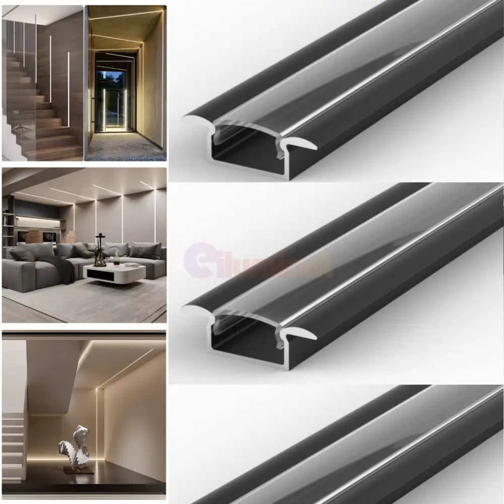Profil LED 2 METRI Incastrat Negru Plat XL cu Dispersor Negru LED Strips