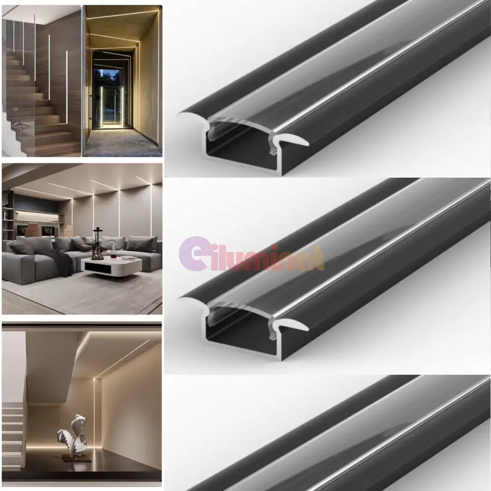 Profil LED 2 METRI Incastrat Negru Plat XL cu Dispersor Negru LED Strips