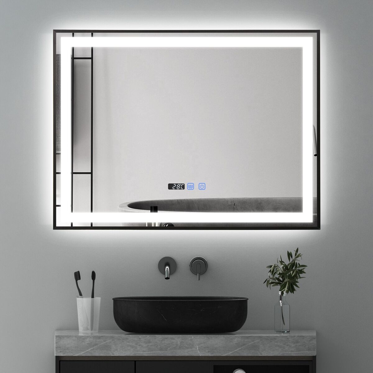 Oglinda LED 100x70cm Rama Neagra Senzor Dezaburire 3 Lumini Temperatura si Ceas W03 NEAGRA / 100X70CM LED MIRROR
