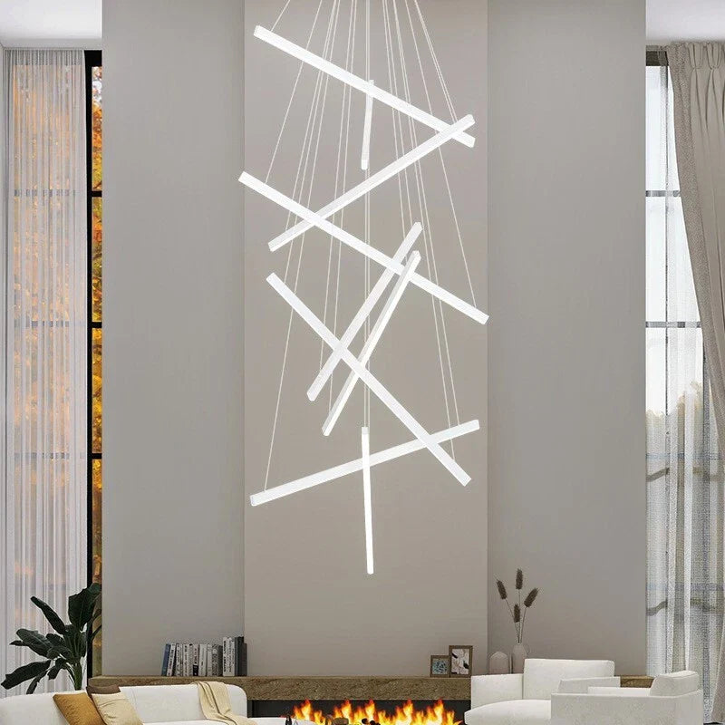 Lustra LED 9 Geometric WHITE Lines Suspendata Echivalent 1200W 300CM ALBA / 300CM / SUSPENDATE Lighting Fixtures
