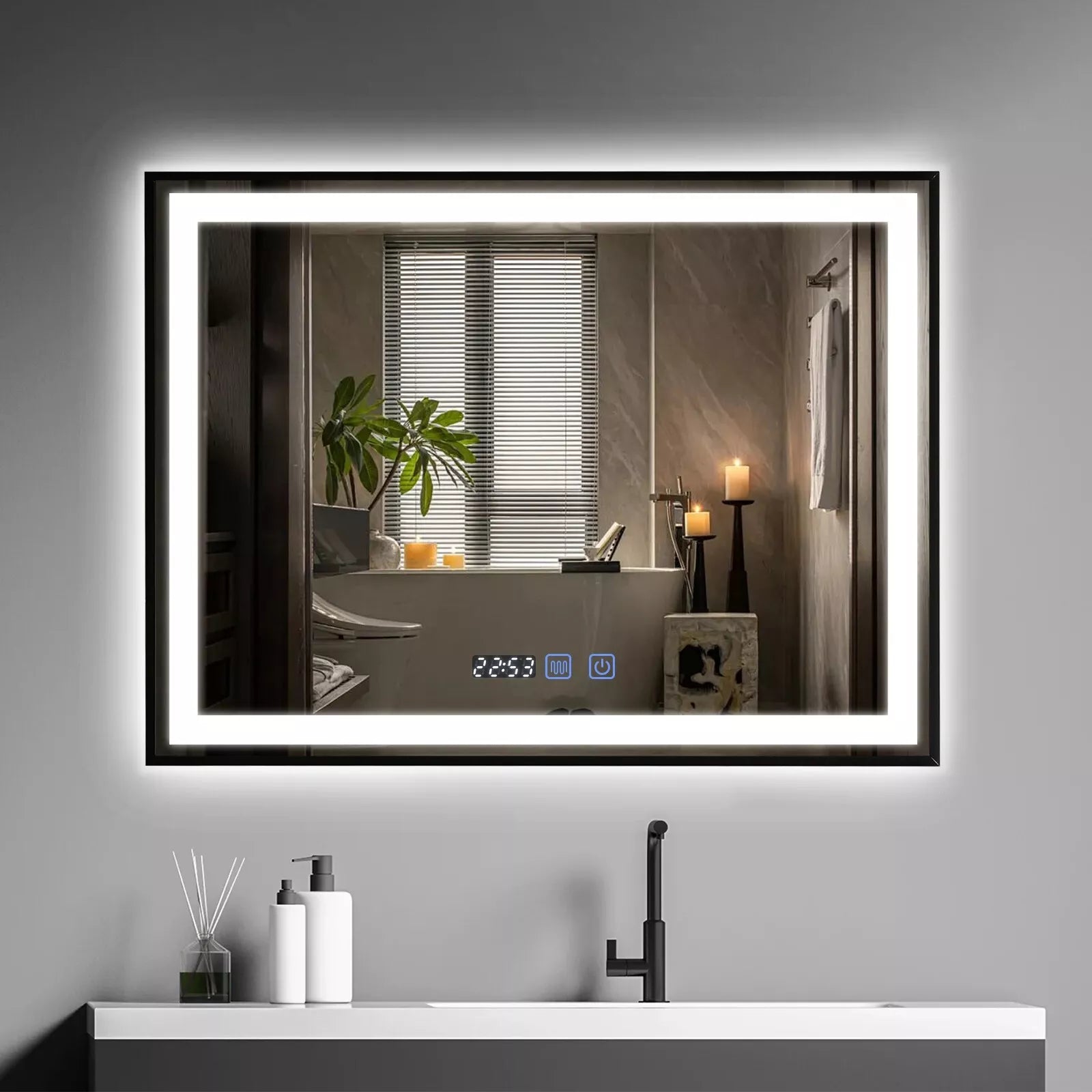 Oglinda LED 80x60cm Rama Neagra Senzor Dezaburire 3 Lumini Temperatura si Ceas W03 NEAGRA / 80X60CM LED MIRROR