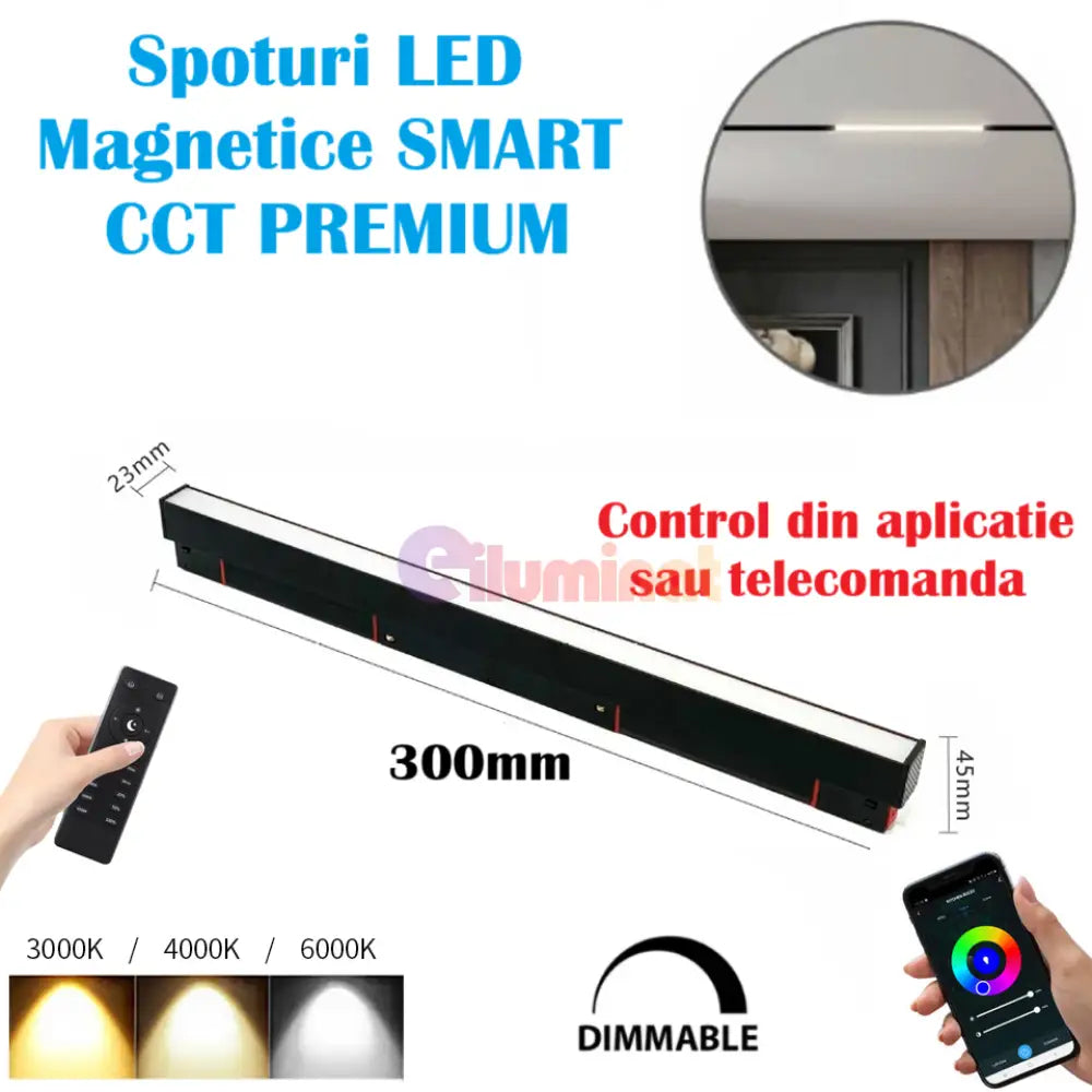 Spot Led 10W 30Cm Magnetic Smart Cct Negru Liniar Mat Telecomanda Track Light