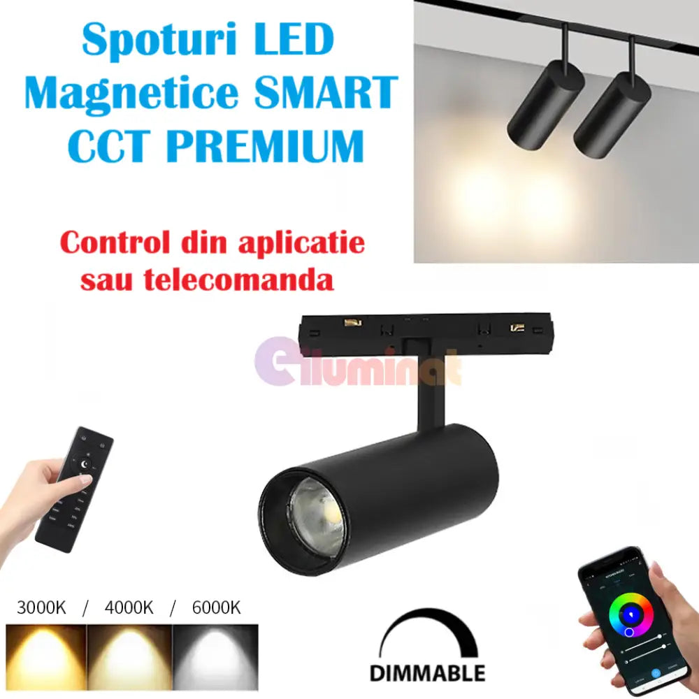 Spot Led 10W Magnetic Cilindru Smart Cct Negru Telecomanda Track Light
