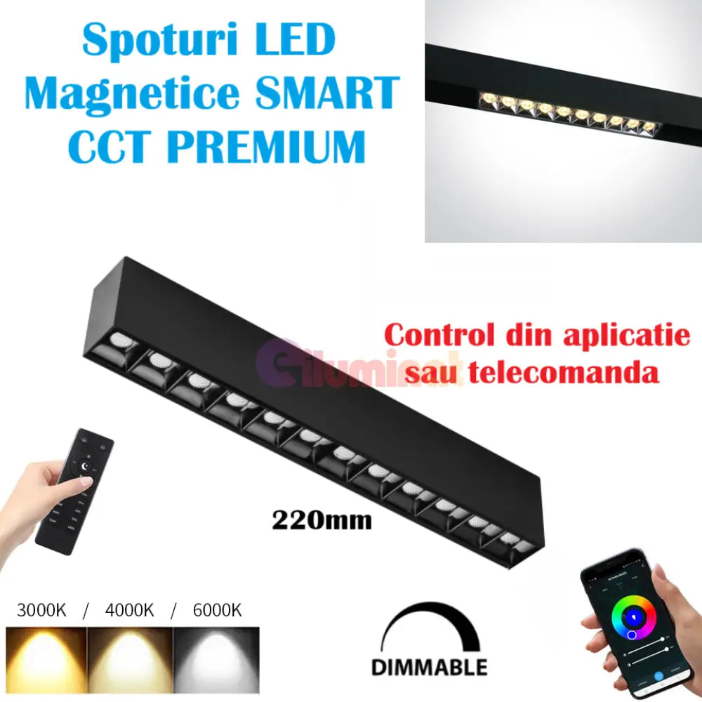Spot Led 12W 22Cm Magnetic Liniar Smart Cct Negru Telecomanda Track Light