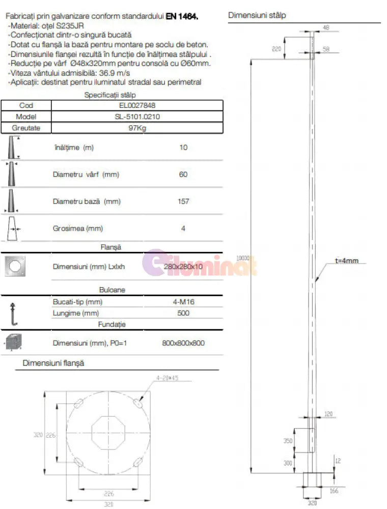 Stalp Iluminat Stradal Galvanizat Flansa 10 Metri