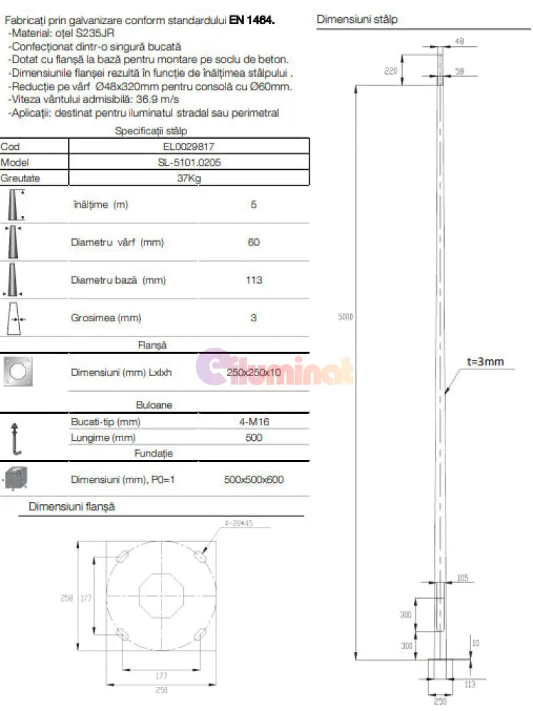 Stalp Iluminat Stradal Galvanizat Flansa 5 Metri