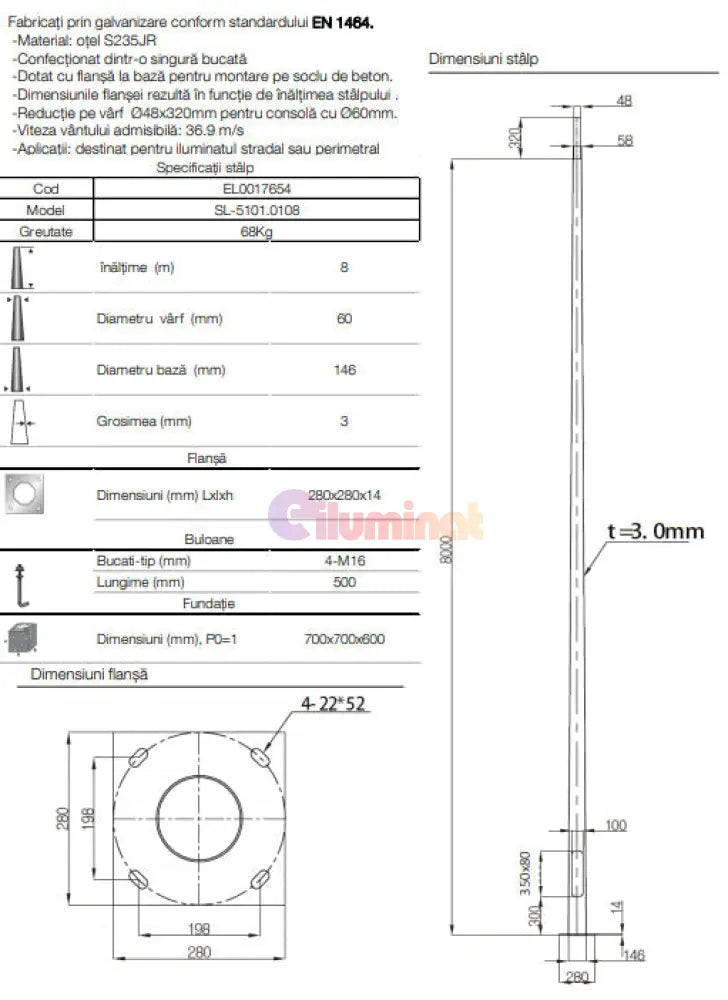 Stalp Iluminat Stradal Galvanizat Flansa 8 Metri