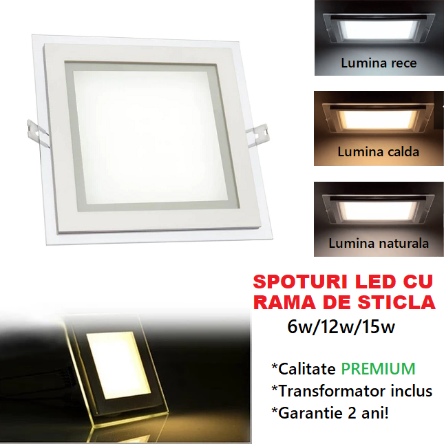 Spot LED 12W Patrat Mat Rama Sticla / 160x160mm / Incastrabil