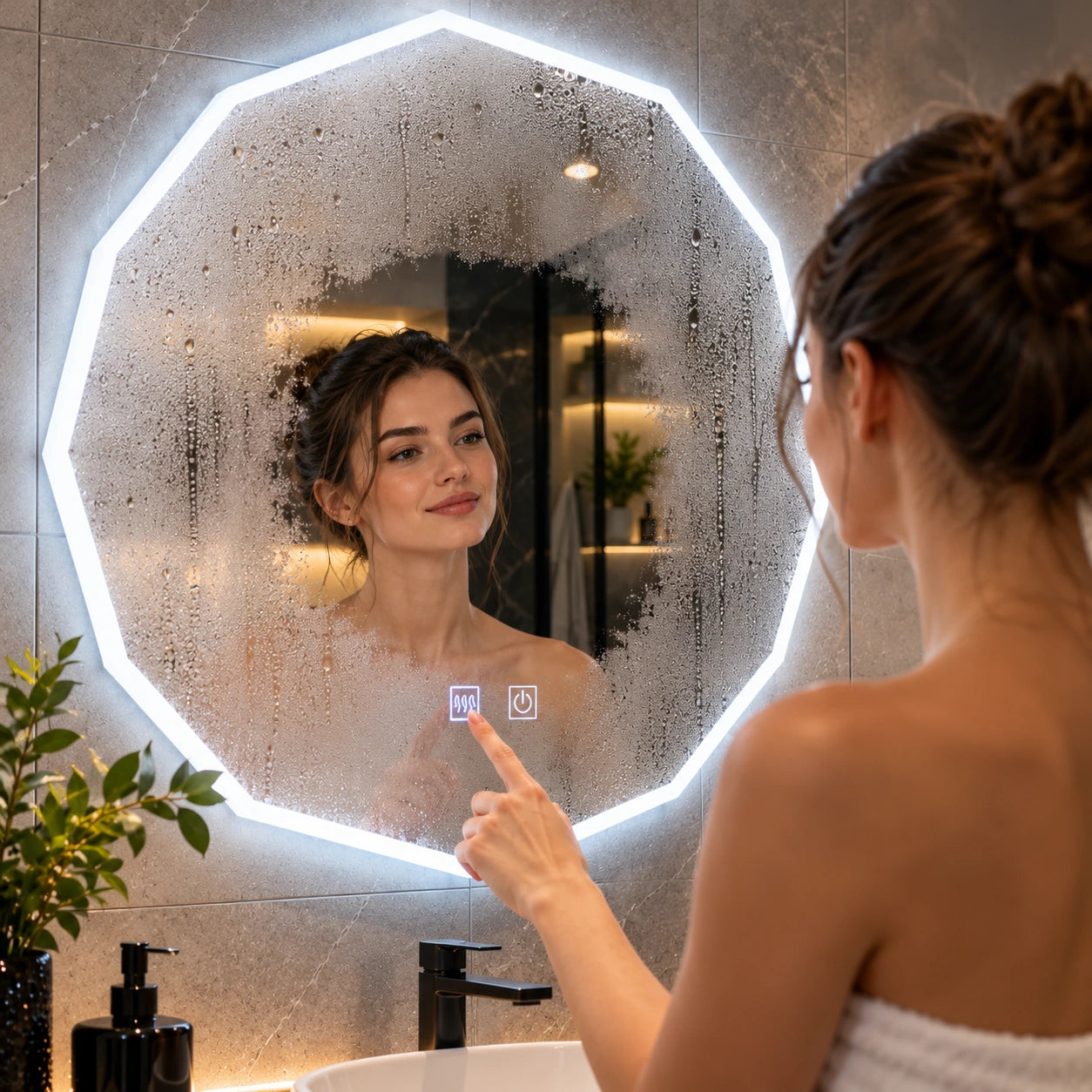 Femeie care folosește comanda de dezaburire a oglinzii Dodecagon după duș