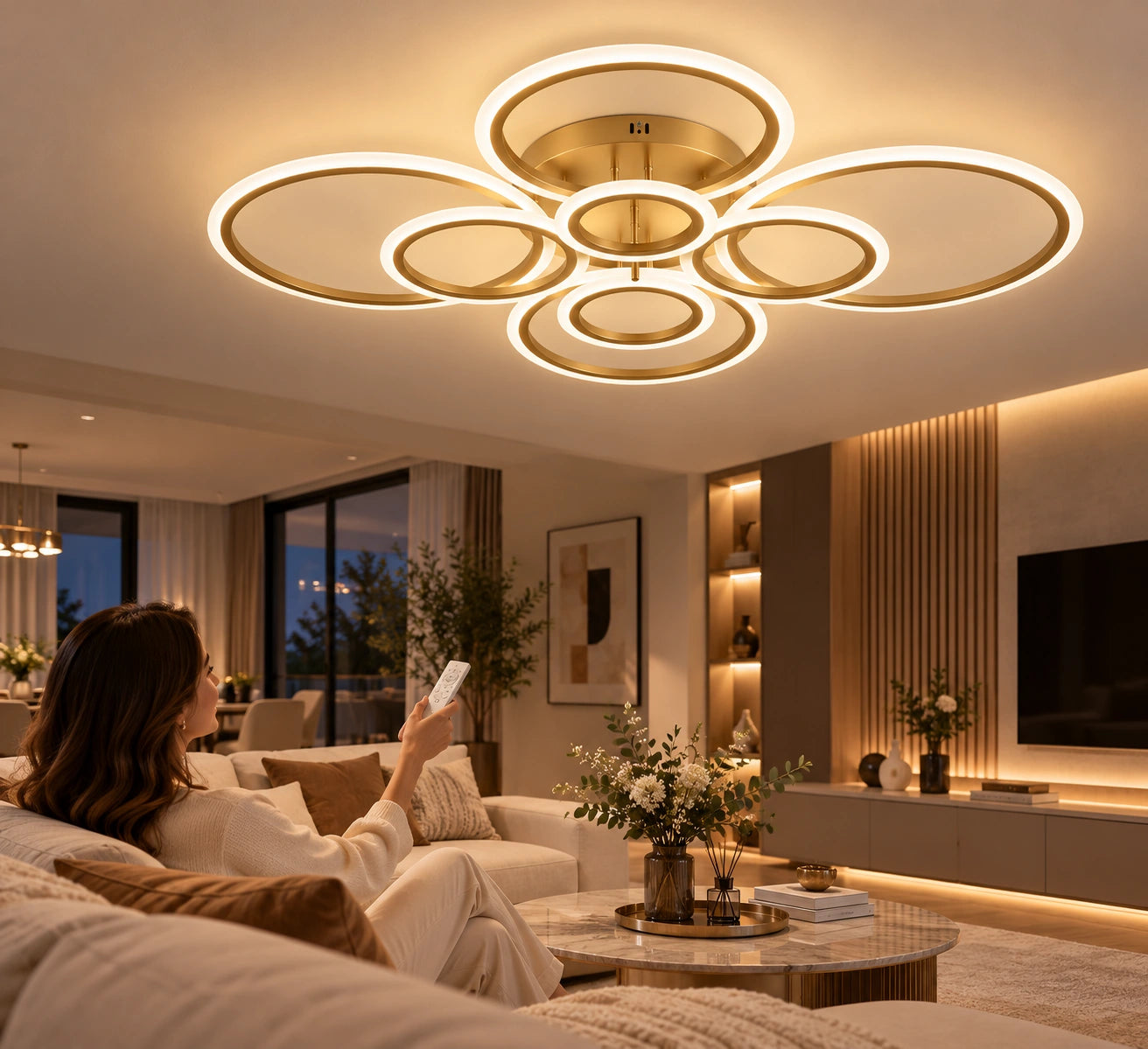 Femeie relaxată pe canapea, sub Circle Gold aprinsă într-un living modern