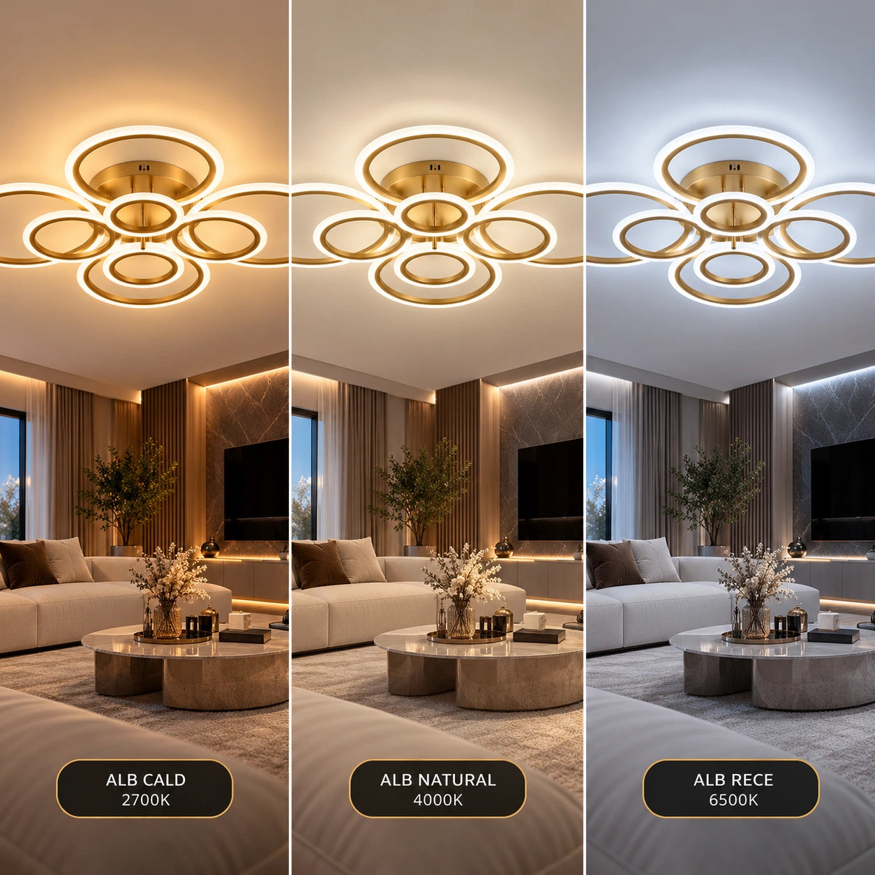 Comparație vizuală între lumina caldă, naturală și rece a lustrei Circle Gold
